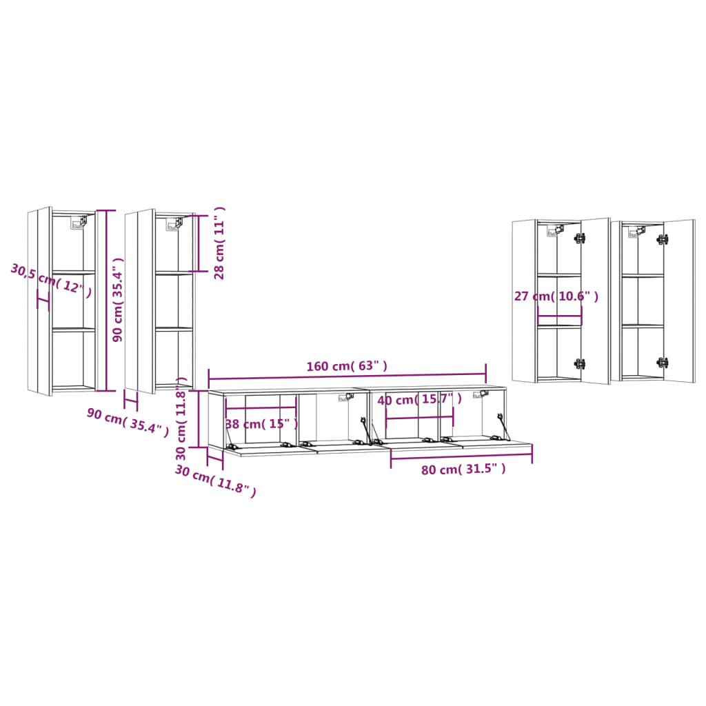 vidaXL Meuble TV, 6 pcs, Chêne fumé, Bois d'ingénierie