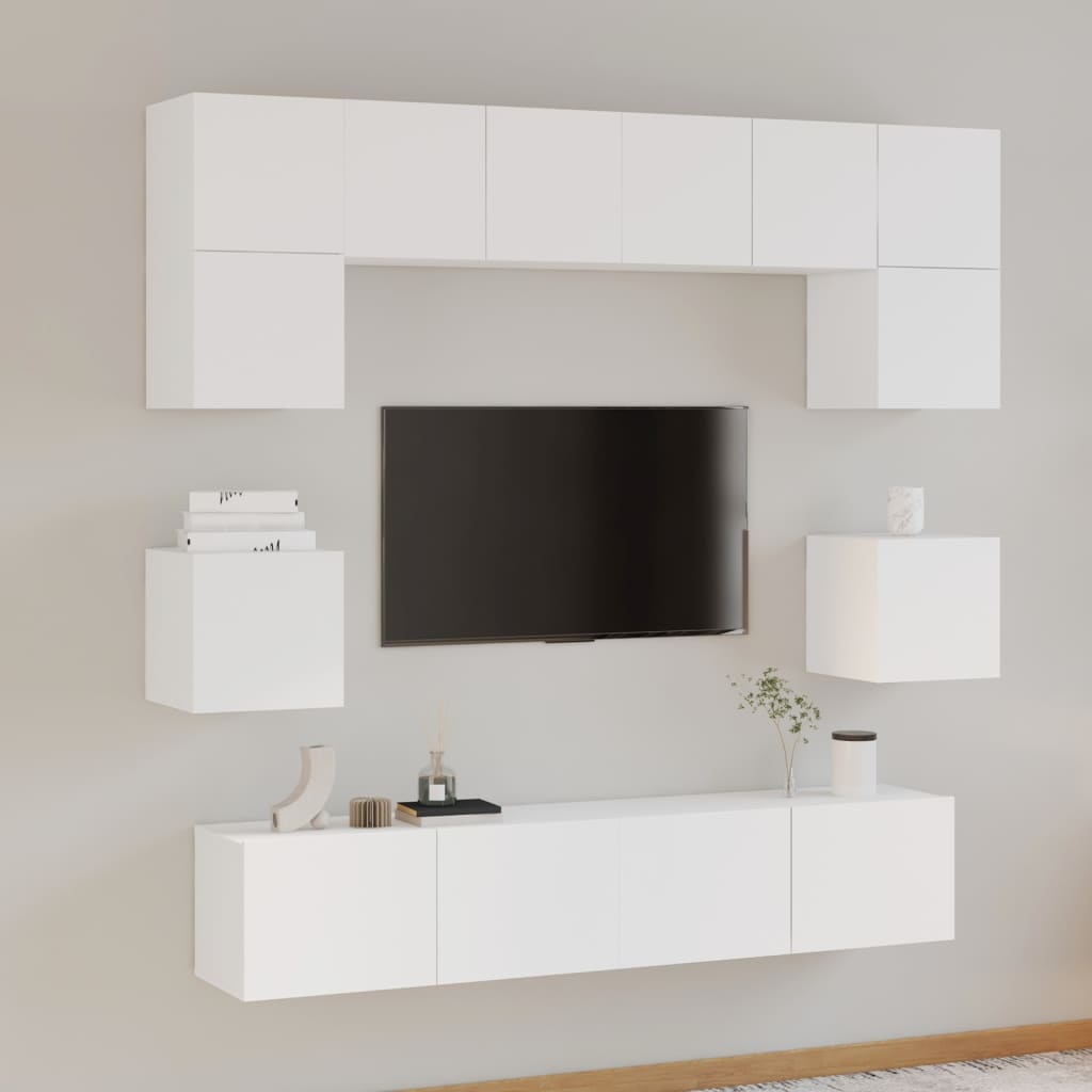 vidaXL Meuble TV, 8 pcs, Blanc, Bois d'ingénierie