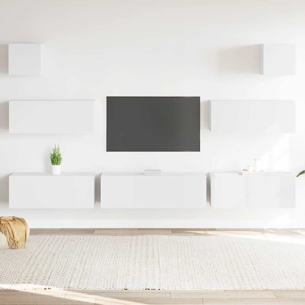 vidaXL Meuble TV avec 7 éléments Bois d'ingénierie Blanc