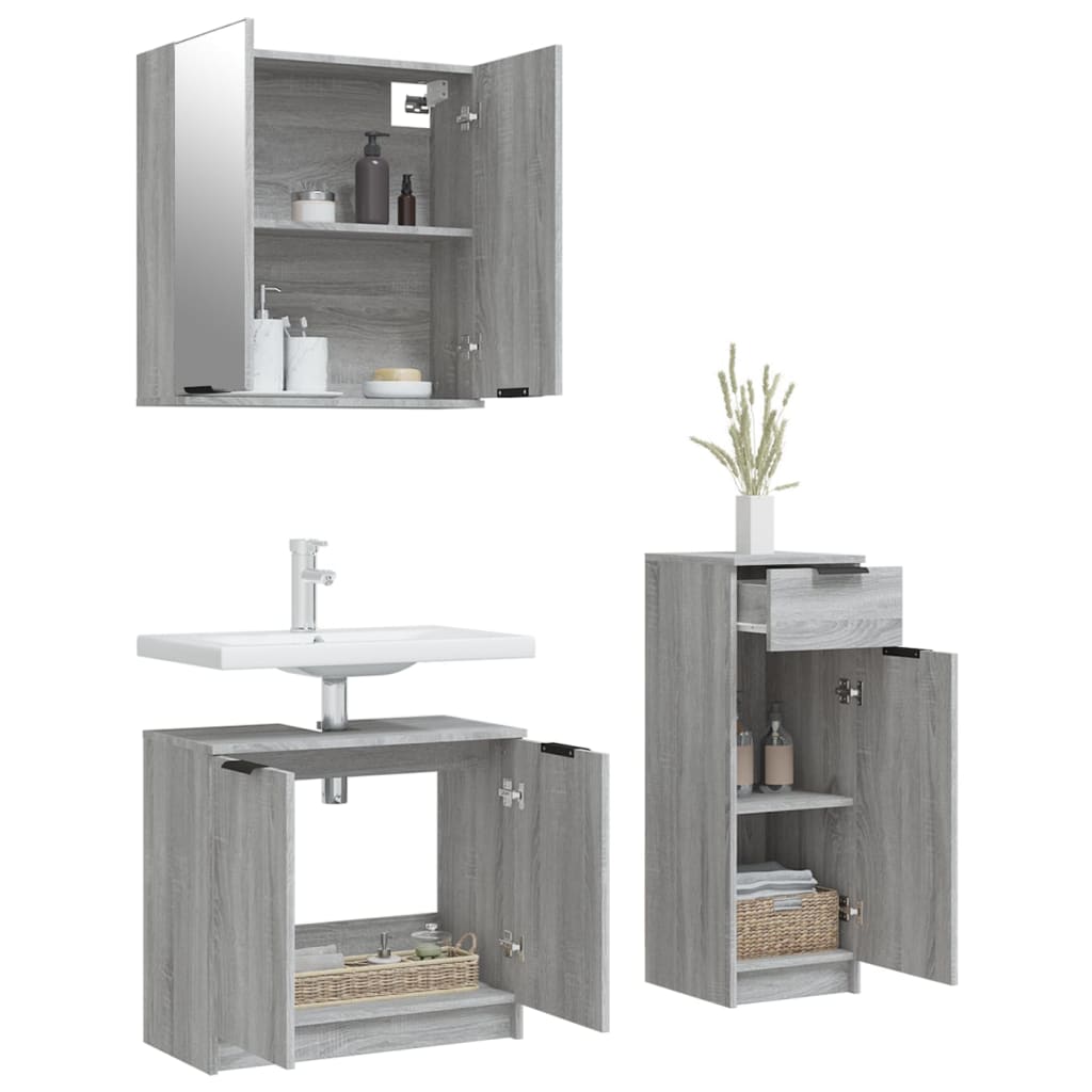 vidaXL 3-tlg. Badmöbel-Set Grau Sonoma Holzwerkstoff