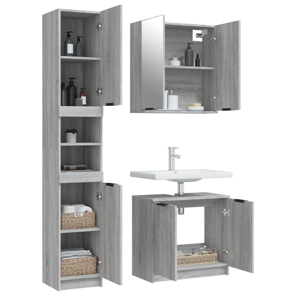 vidaXL 3-tlg. Badmöbel-Set Grau Sonoma Holzwerkstoff