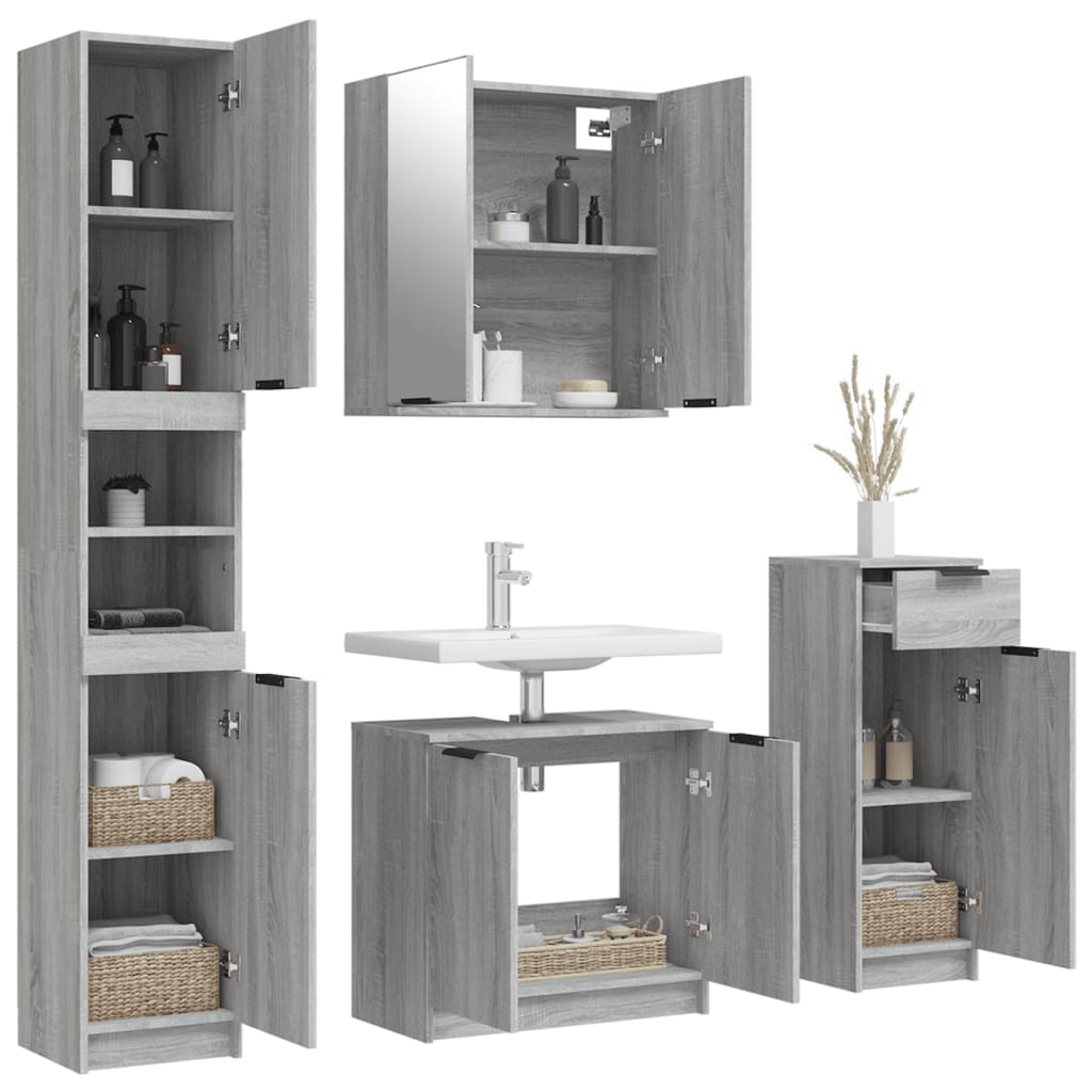 vidaXL 4-tlg. Badmöbel-Set Grau Sonoma Holzwerkstoff
