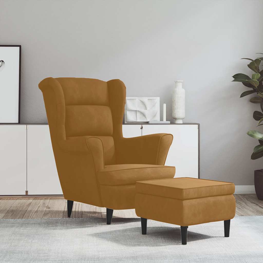 vidaXL Ohrensessel mit Hocker Braun Samt