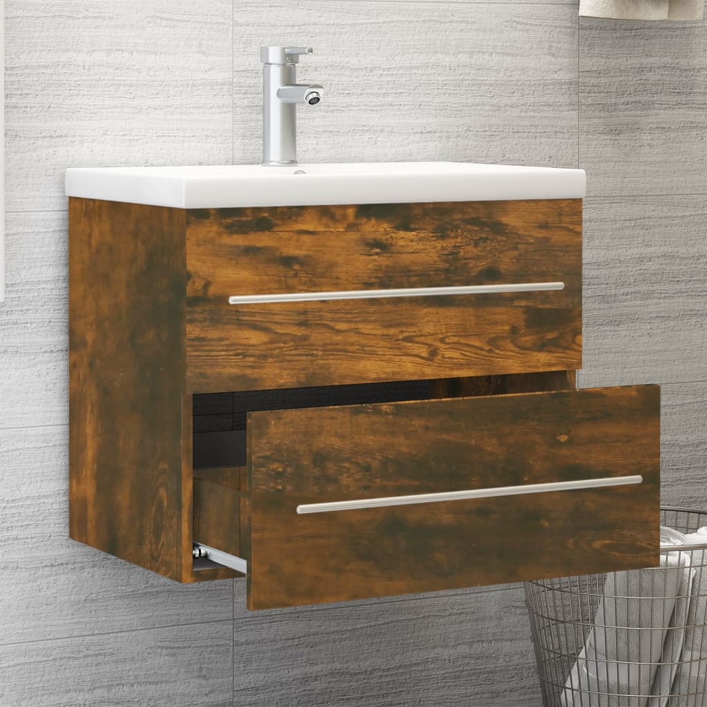 vidaXL Meuble sous-lavabo avec lavabo intégré Chêne fumé Bois d'ingénierie