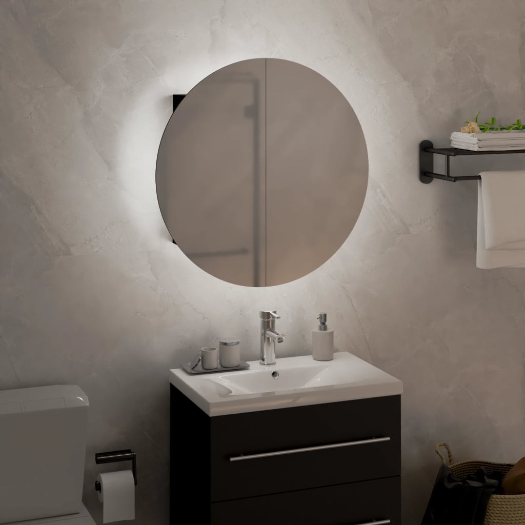 vidaXL Badezimmerschrank mit Rundem Spiegel & LED Schwarz 40x40x17,5cm