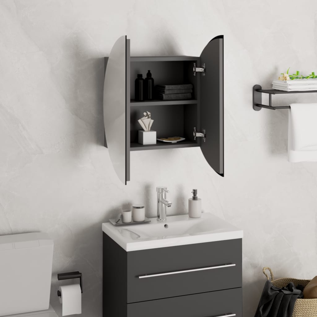 vidaXL Badezimmerschrank mit Rundem Spiegel & LED Grau 40x40x17,5 cm