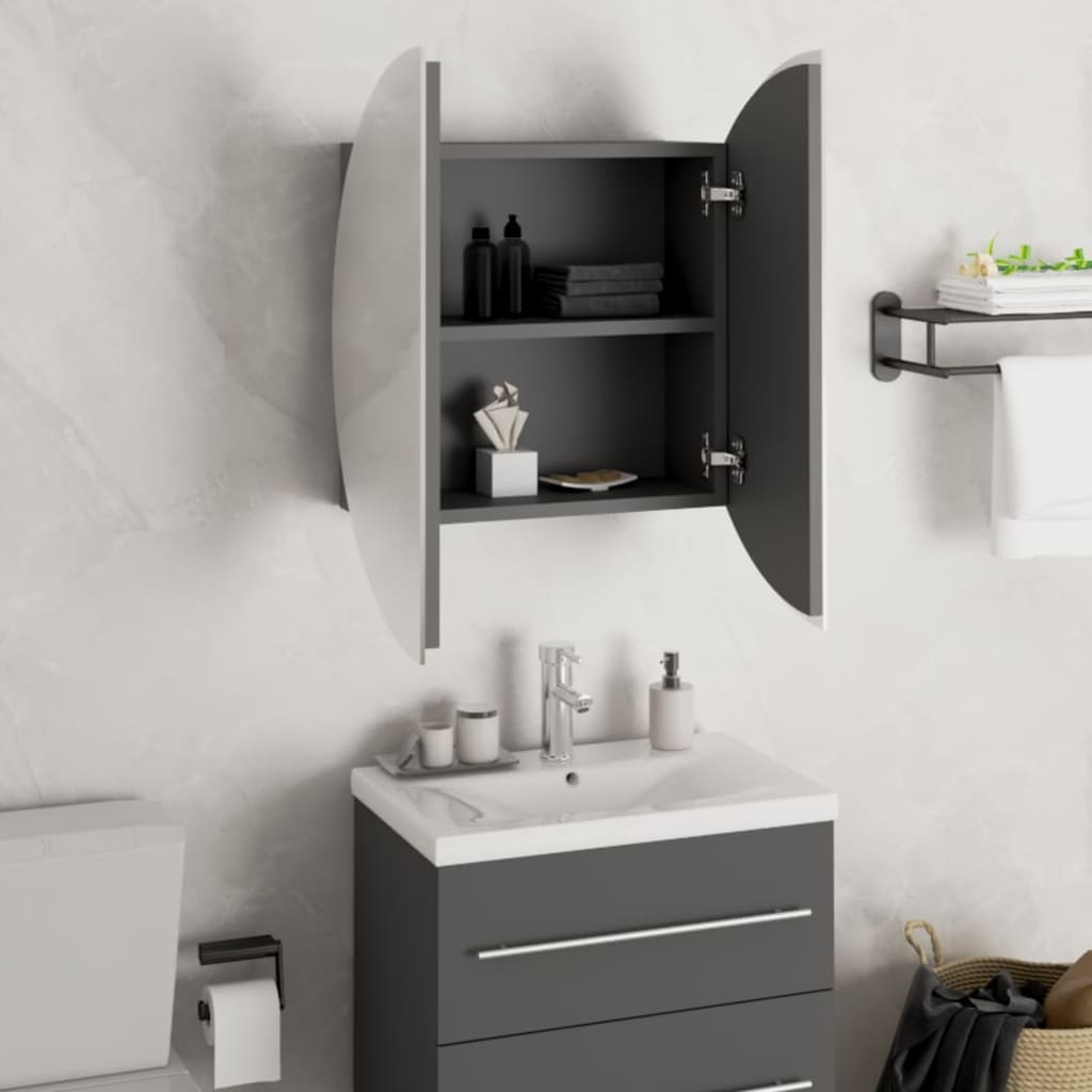 vidaXL Badezimmerschrank mit Rundem Spiegel & LED Grau 47x47x17,5 cm