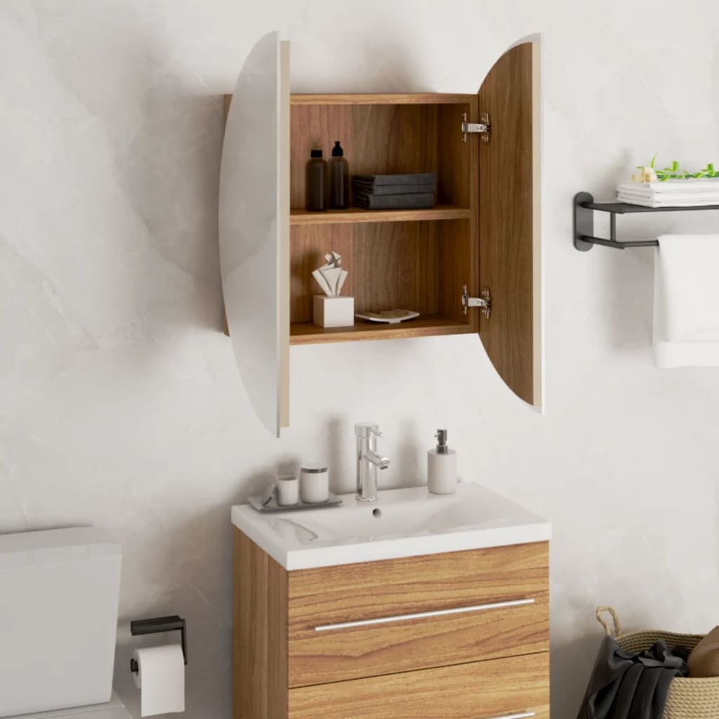 vidaXL Badezimmerschrank mit Rundem Spiegel & LED Eichen-Optik