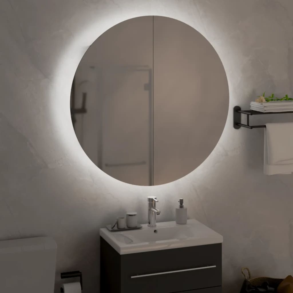 vidaXL Badezimmerschrank mit Rundem Spiegel & LED Weiß 54x54x17,5 cm