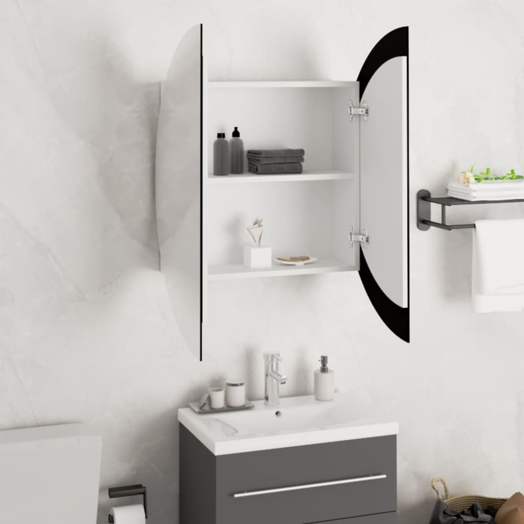 vidaXL Badezimmerschrank mit Rundem Spiegel & LED Weiß 54x54x17,5 cm