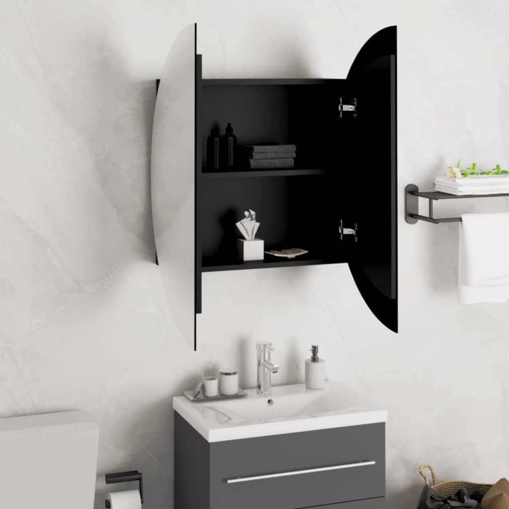 vidaXL Badezimmerschrank mit Rundem Spiegel & LED Schwarz 54x54x17,5cm