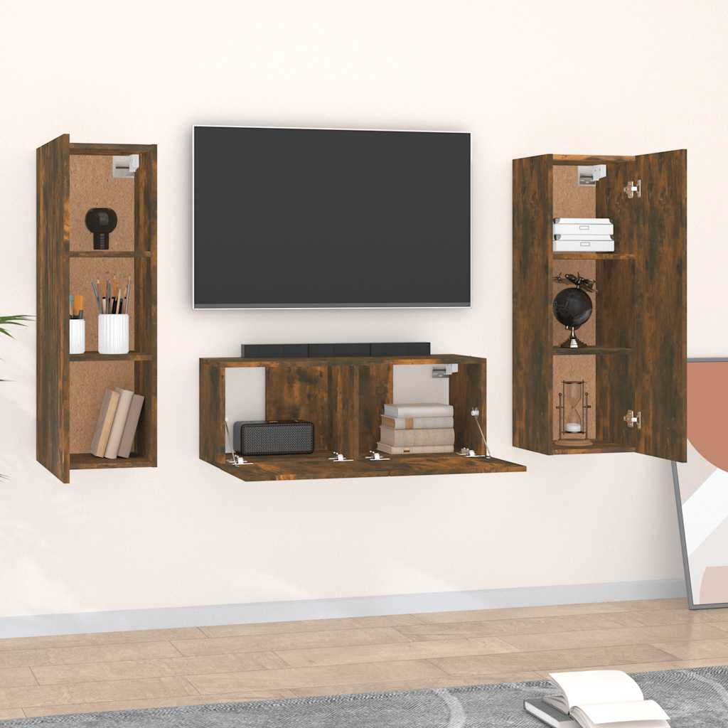 vidaXL Meuble TV 3 pcs Chêne fumé Bois d'ingénierie