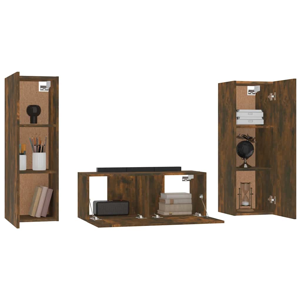 vidaXL Meuble TV 3 pcs Chêne fumé Bois d'ingénierie