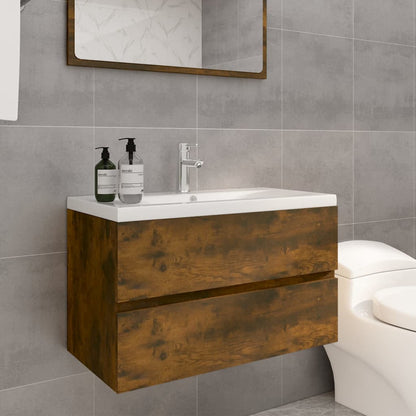 vidaXL Meuble sous-lavabo avec lavabo intégré Chêne fumé Bois d'ingénierie