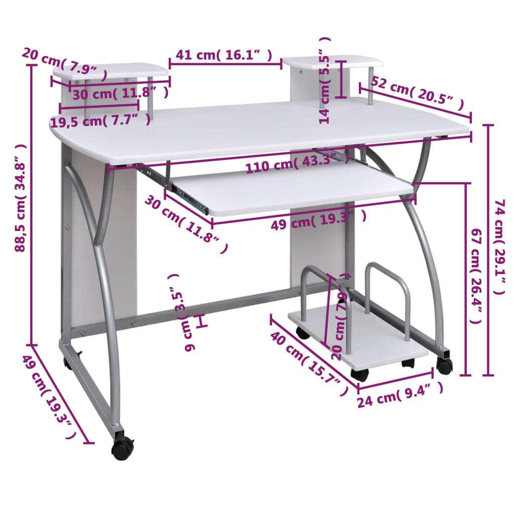 vidaXL Computertisch Weiß 110x52x88,5 cm Holzwerkstoff