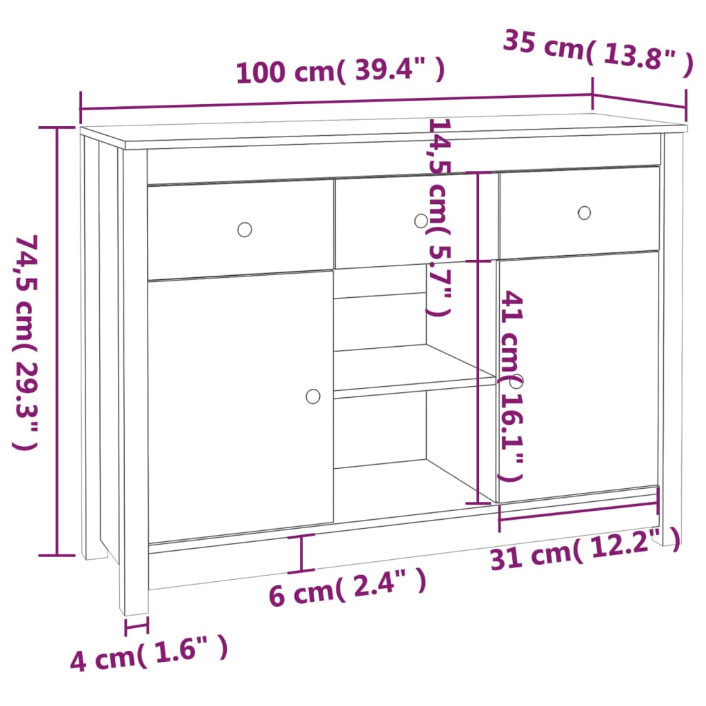 vidaXL Buffet noir 100x35x74,5 cm Bois de pin massif