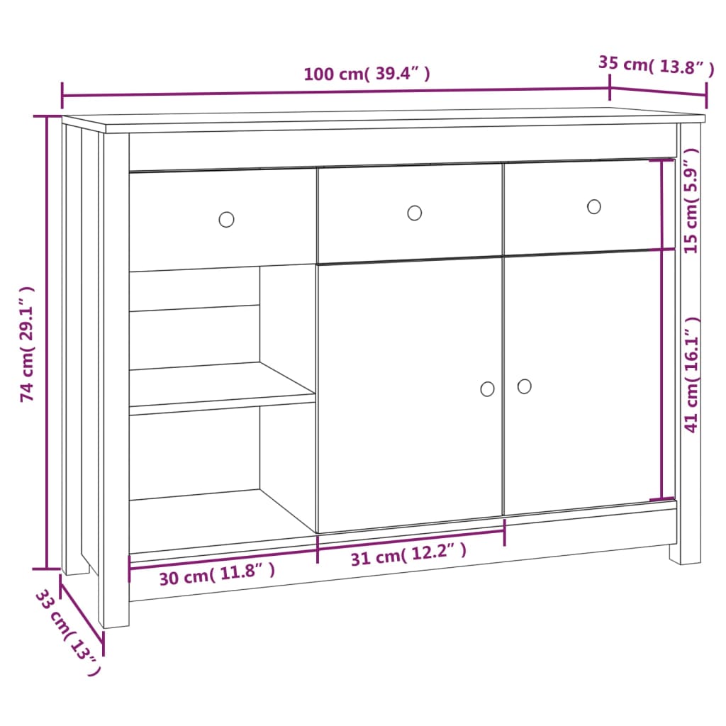 vidaXL Buffet 100x35x74 cm Bois de pin massif