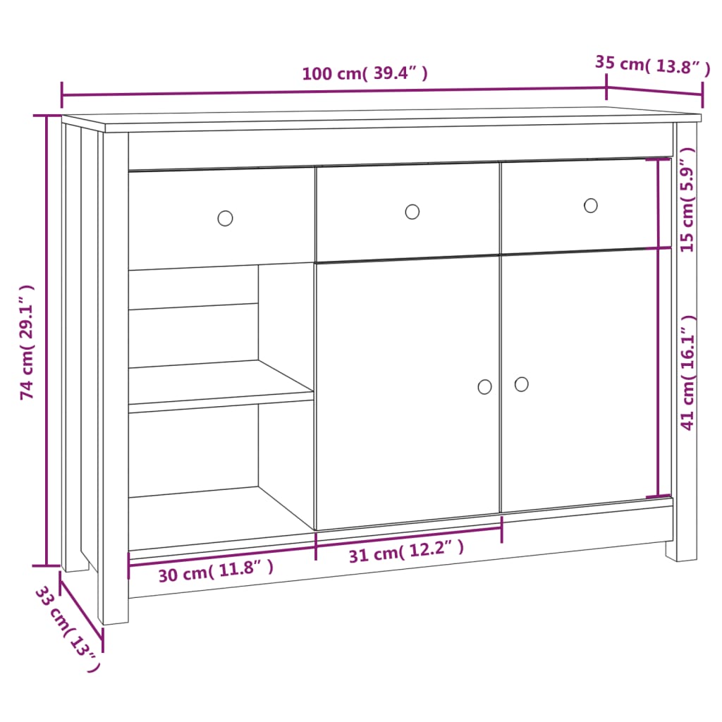vidaXL Buffet blanc 100x35x74 cm Bois de pin massif