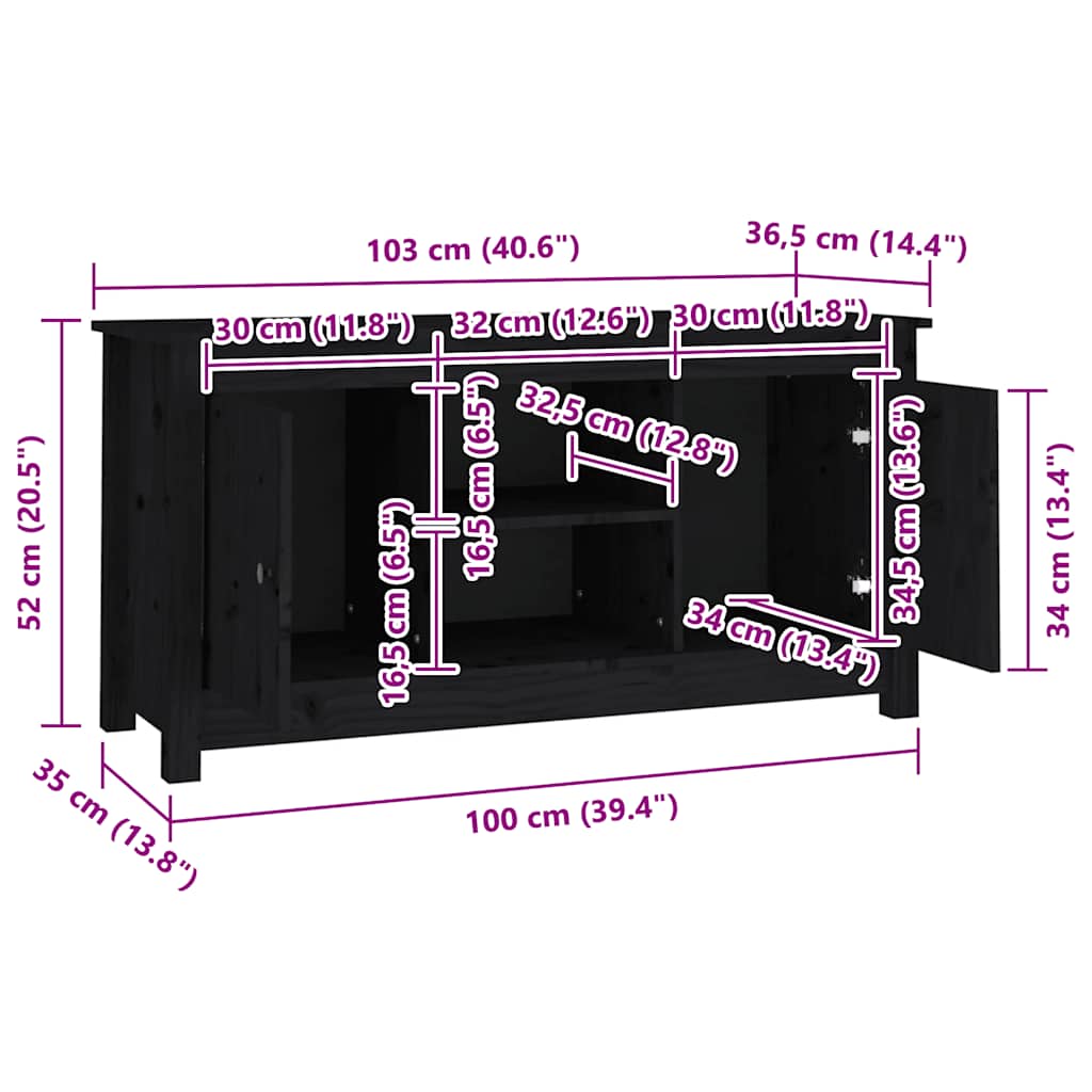 vidaXL Meuble TV Noir 103x36,5x52 cm Bois de pin massif