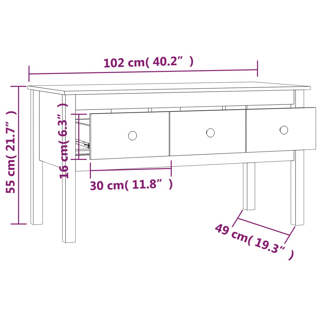 vidaXL Couchtisch Schwarz 102x49x55 cm Massivholz Kiefer