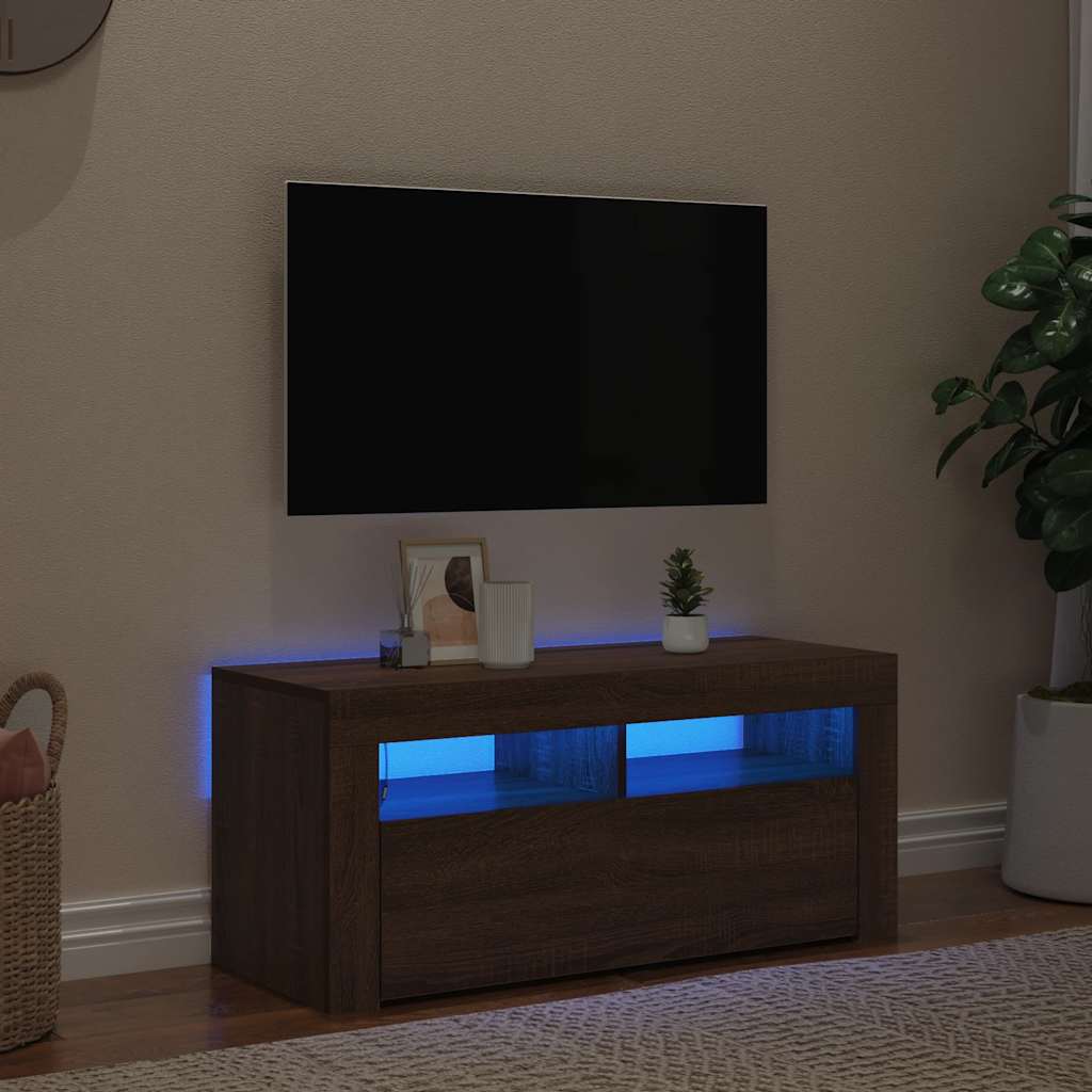 Meuble TV vidaXL avec lumières LED marron aspect chêne 90x35x40 cm