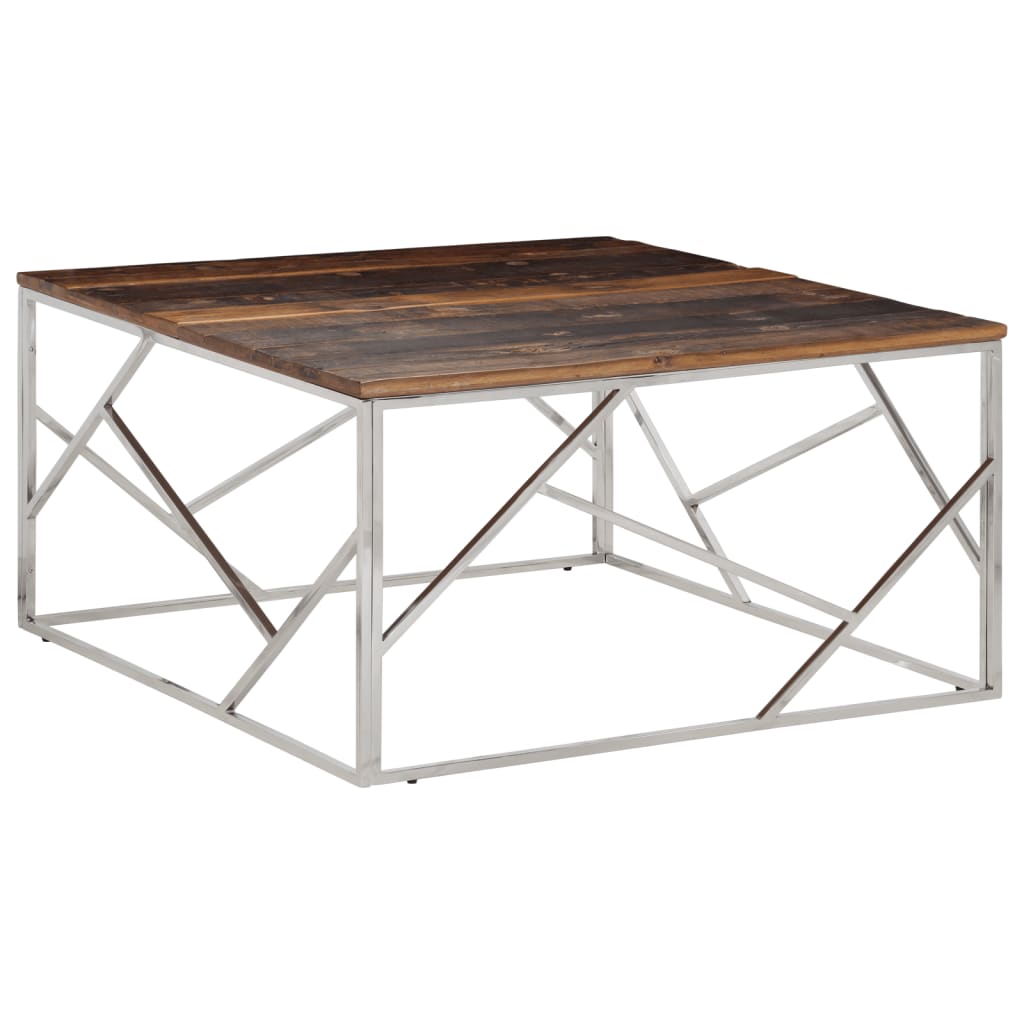 vidaXL Table basse argentée en acier inoxydable et traverses en bois massif