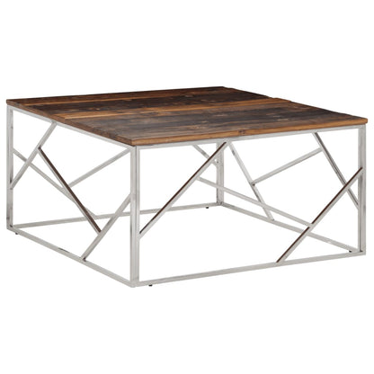 vidaXL Table basse argentée en acier inoxydable et traverses en bois massif