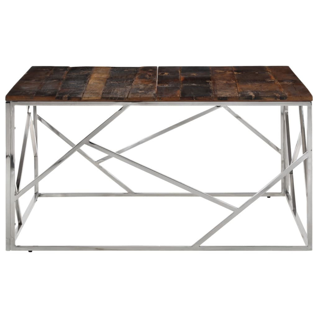 vidaXL Table basse argentée en acier inoxydable et traverses en bois massif