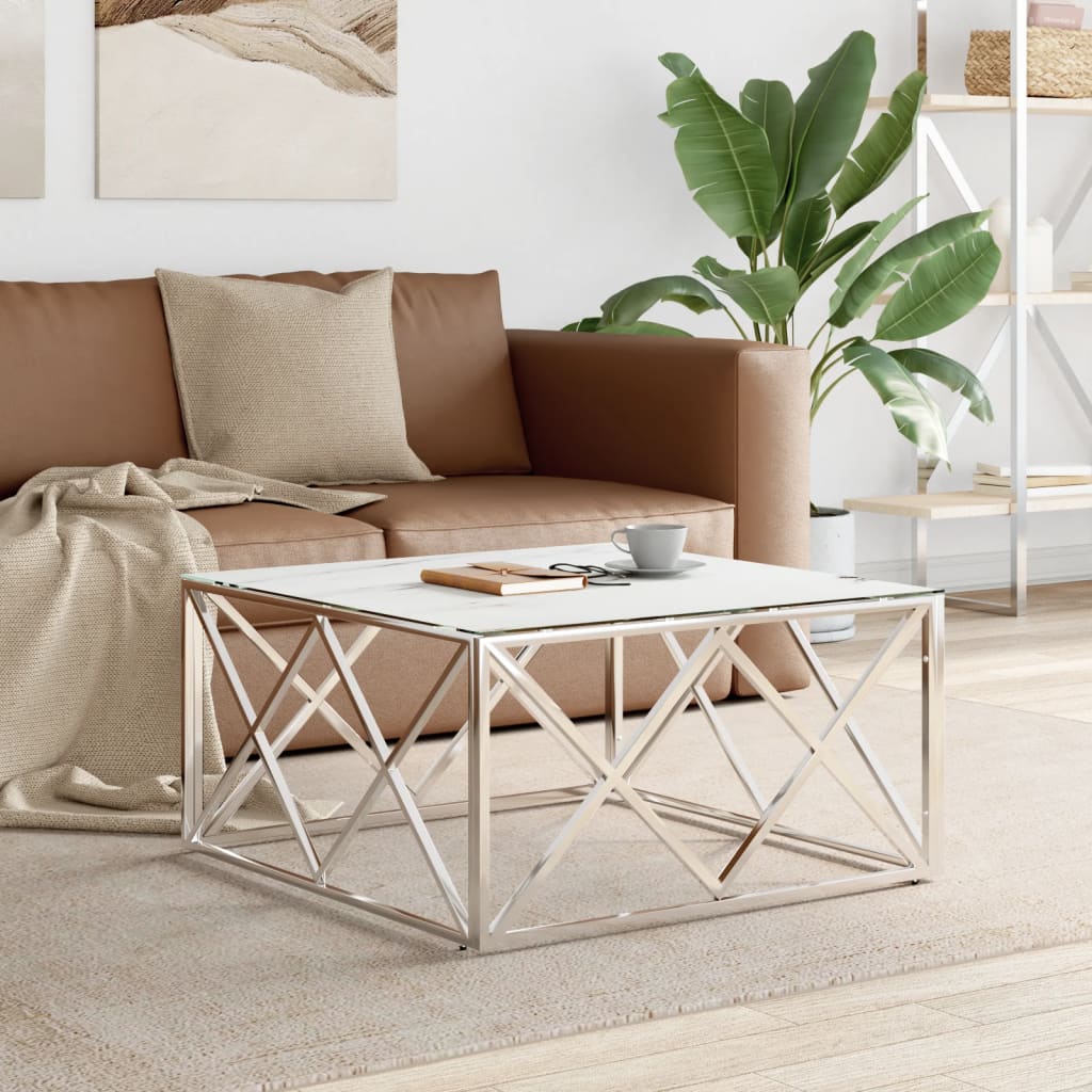 vidaXL Table basse argentée 80x80x40 cm acier inoxydable et verre