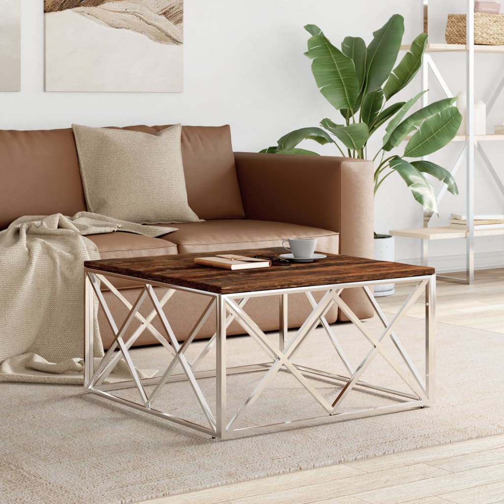 vidaXL Table basse en acier inoxydable et bois de récupération massif