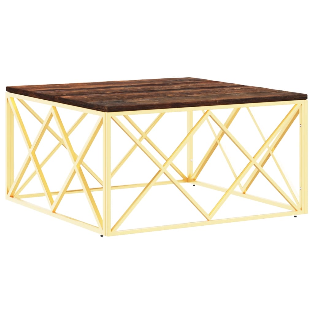 vidaXL Table basse dorée en acier inoxydable et bois de récupération massif