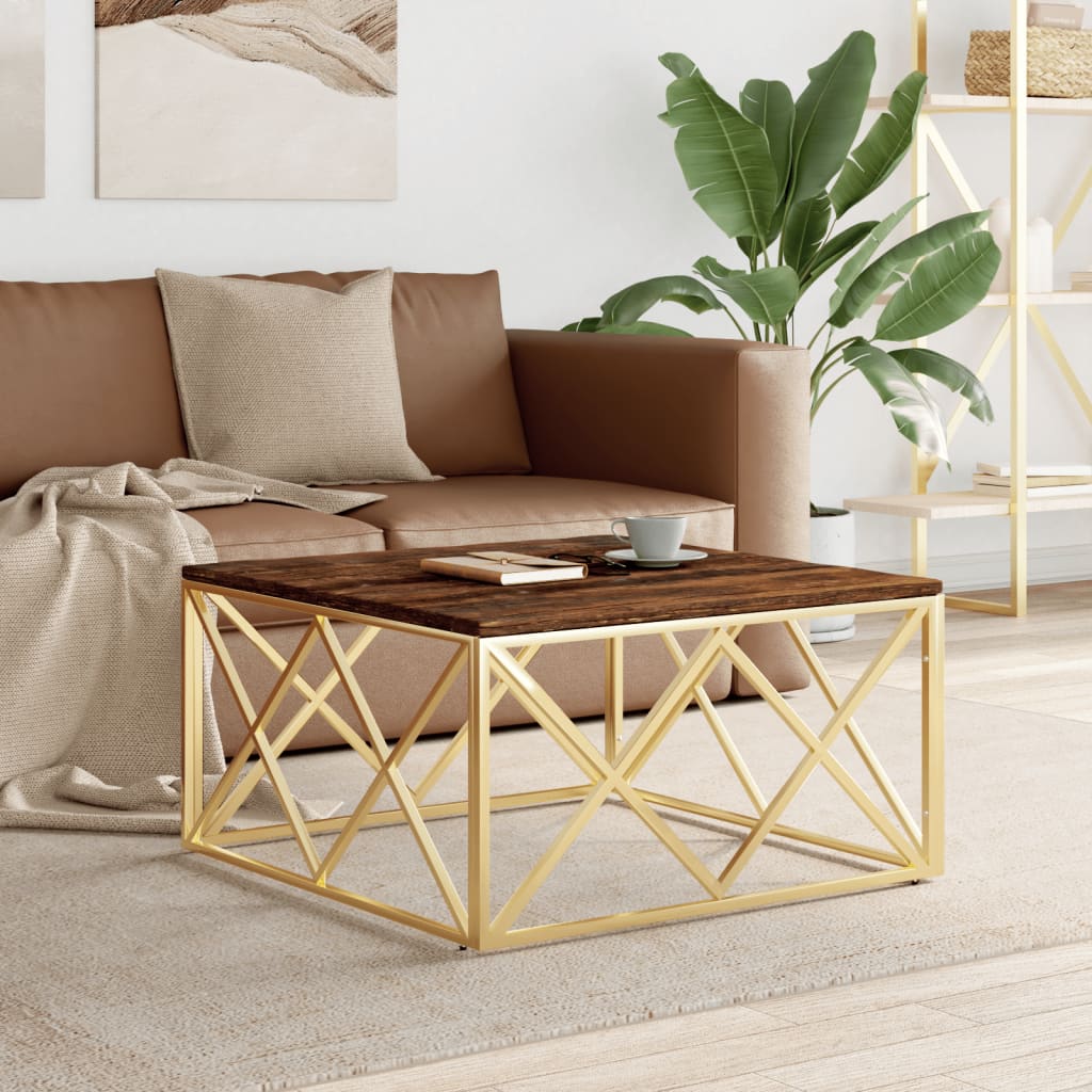 vidaXL Table basse dorée en acier inoxydable et bois de récupération massif