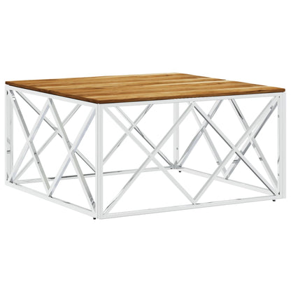 vidaXL Table basse argentée en acier inoxydable et bois d'acacia massif