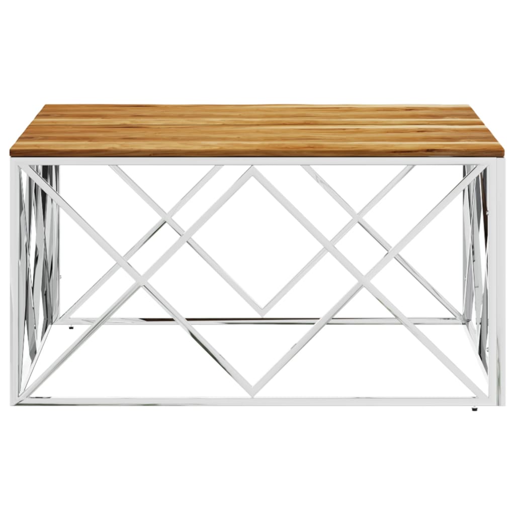 vidaXL Table basse argentée en acier inoxydable et bois d'acacia massif