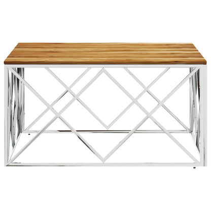 vidaXL Table basse argentée en acier inoxydable et bois d'acacia massif