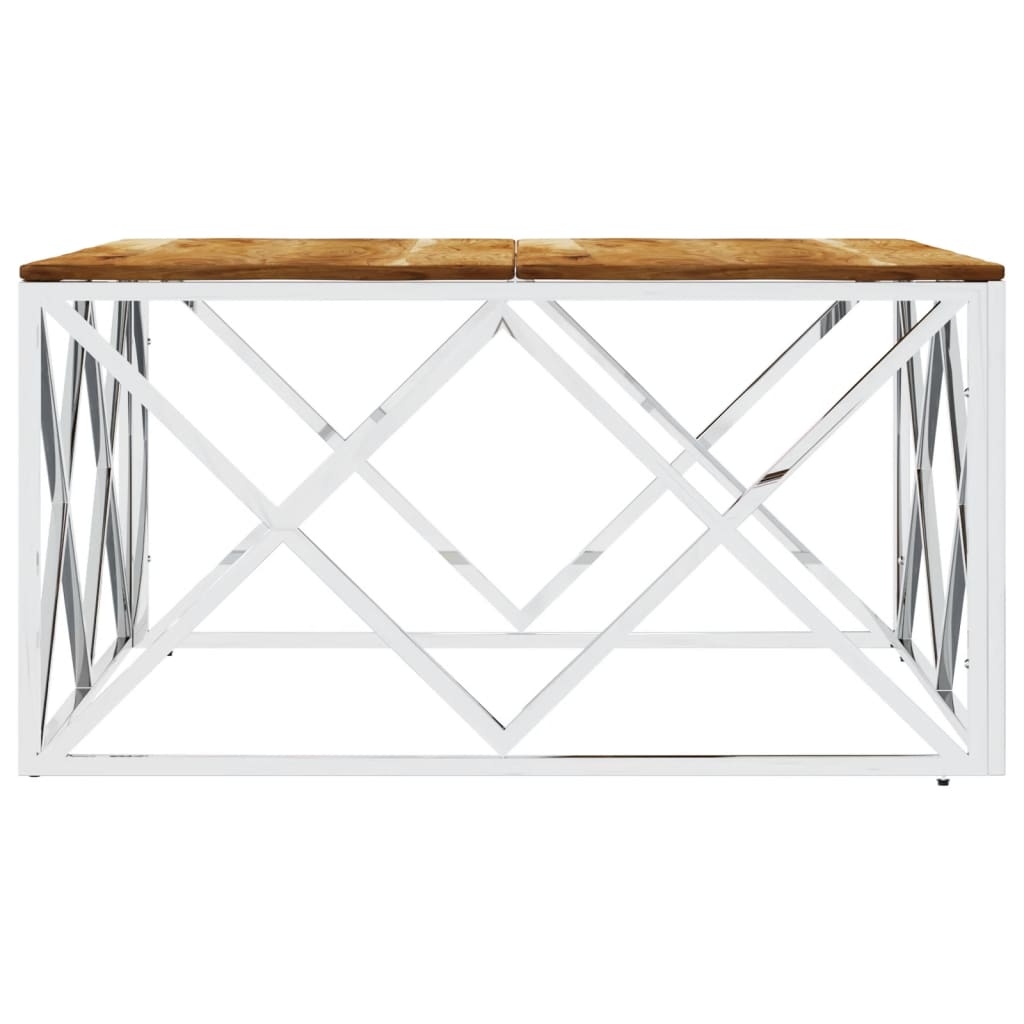 vidaXL Table basse argentée en acier inoxydable et bois d'acacia massif
