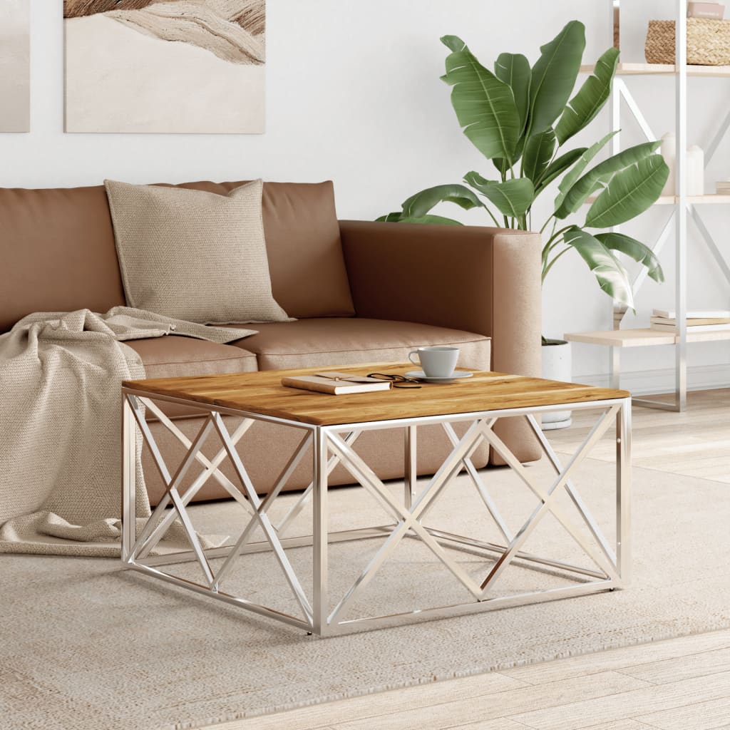 vidaXL Table basse argentée en acier inoxydable et bois d'acacia massif