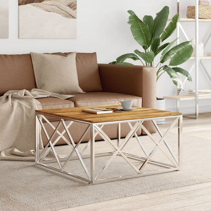 vidaXL Table basse argentée en acier inoxydable et bois d'acacia massif
