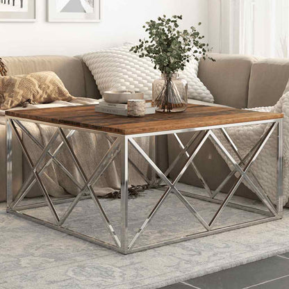 vidaXL Table basse argentée en acier inoxydable et bois massif