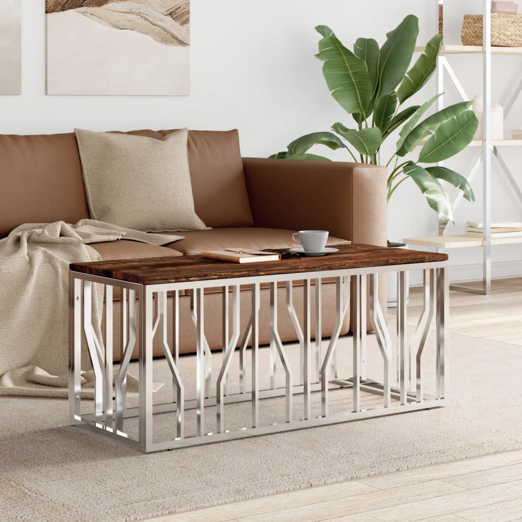 vidaXL Table basse en acier inoxydable et bois de récupération massif