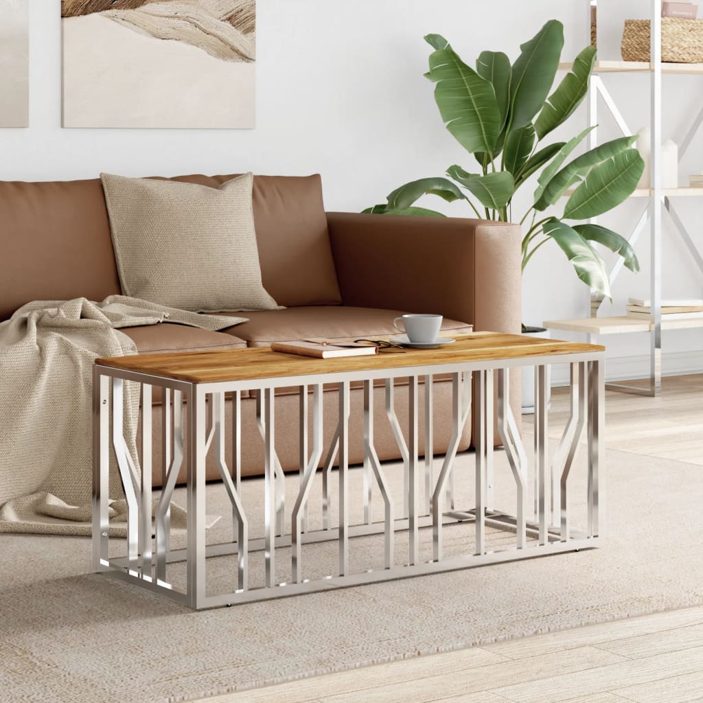 vidaXL Table basse argentée en acier inoxydable et bois d'acacia massif