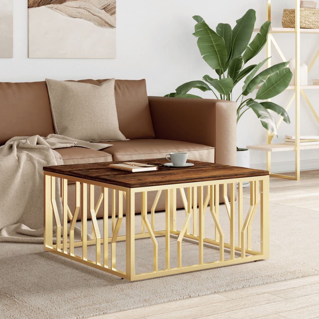 vidaXL Table basse dorée en acier inoxydable et bois de récupération massif