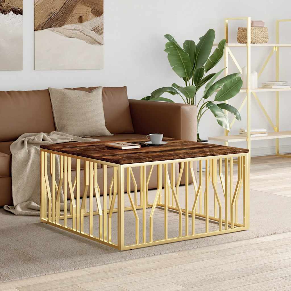 vidaXL Table basse dorée en acier inoxydable et bois de récupération massif