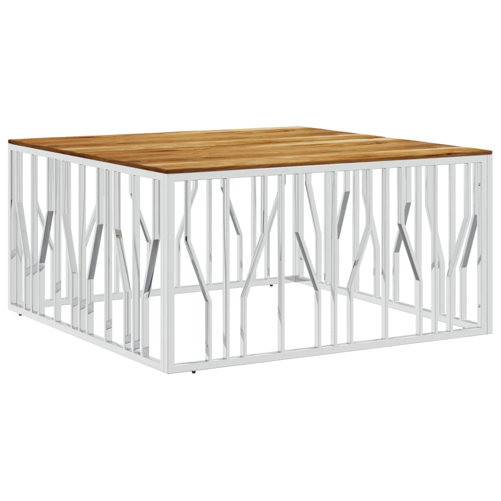 vidaXL Table basse argentée en acier inoxydable et bois d'acacia massif
