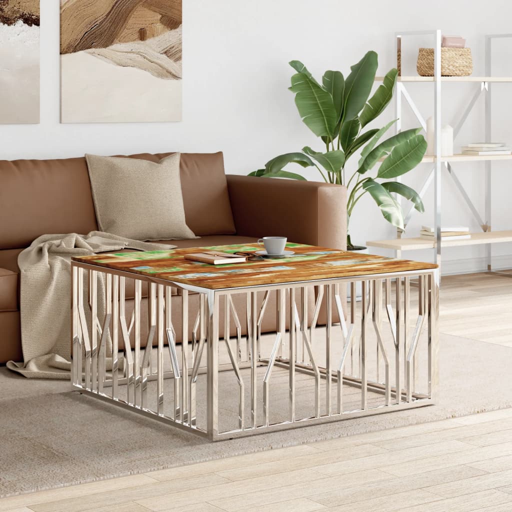 vidaXL Table basse argentée en acier inoxydable et bois d'acacia massif
