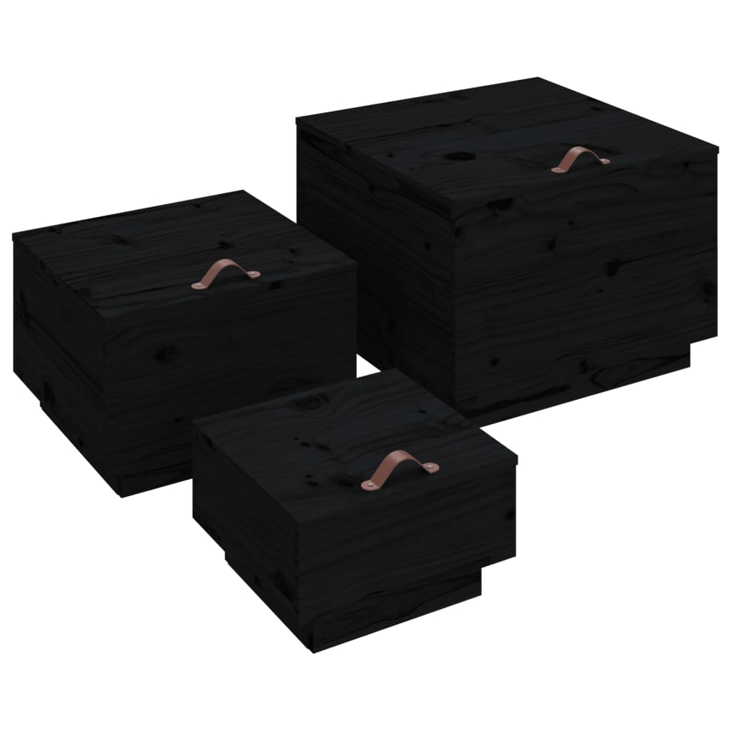 vidaXL Boîtes de rangement avec couvercles 3 pcs Noir Bois de pin massif
