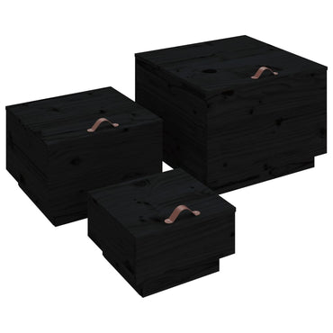 vidaXL Boîtes de rangement avec couvercles 3 pcs Noir Bois de pin massif