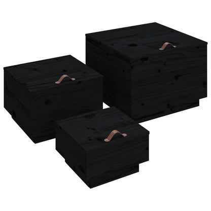 vidaXL Boîtes de rangement avec couvercles 3 pcs Noir Bois de pin massif
