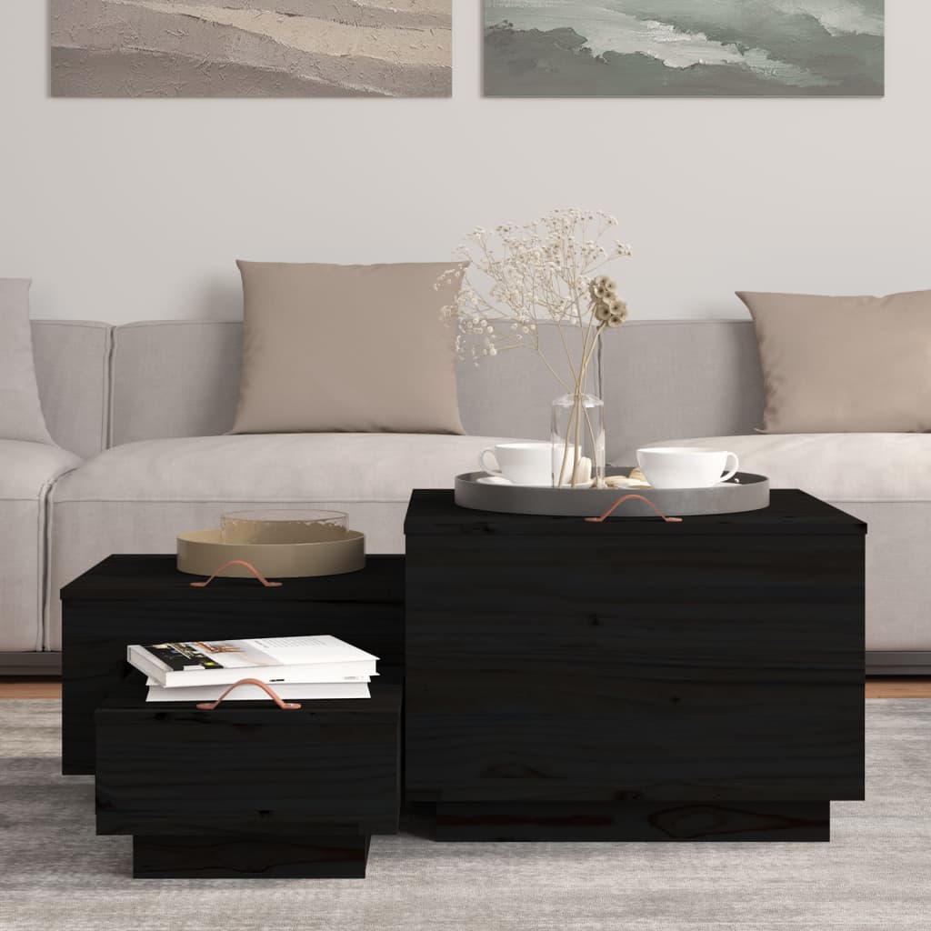vidaXL Boîtes de rangement avec couvercles 3 pcs Noir Bois de pin massif
