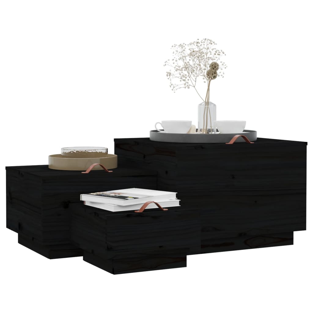 vidaXL Boîtes de rangement avec couvercles 3 pcs Noir Bois de pin massif